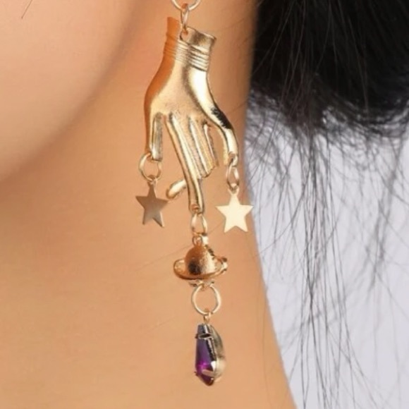 Gold Hand and Star Dangle Earrings - Picture 4 of 6